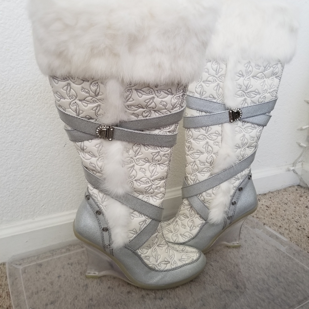 Baby Phat White Silver Tall Boots with the Fur